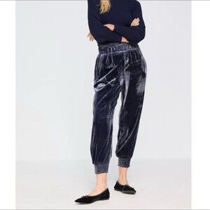 Anthropologie Navy Crushed Velvet Smocked Waist Ankle Jogger Pants Women’s Small